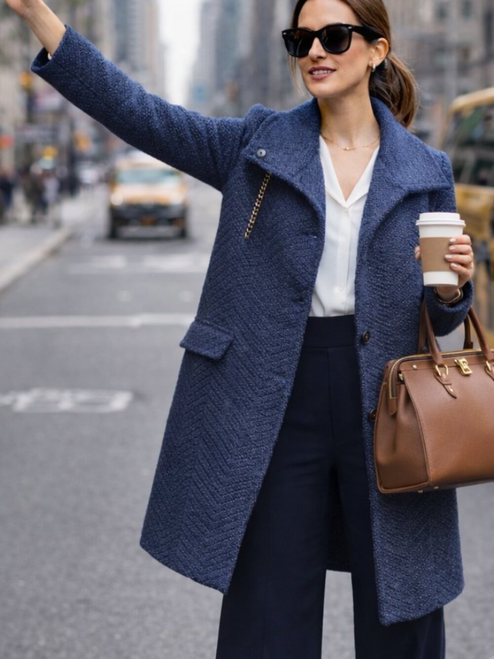 Ann Taylor Ronda Wool Pea Coat Overcoat Mid Length Boucle Heavy Knit Black Navy